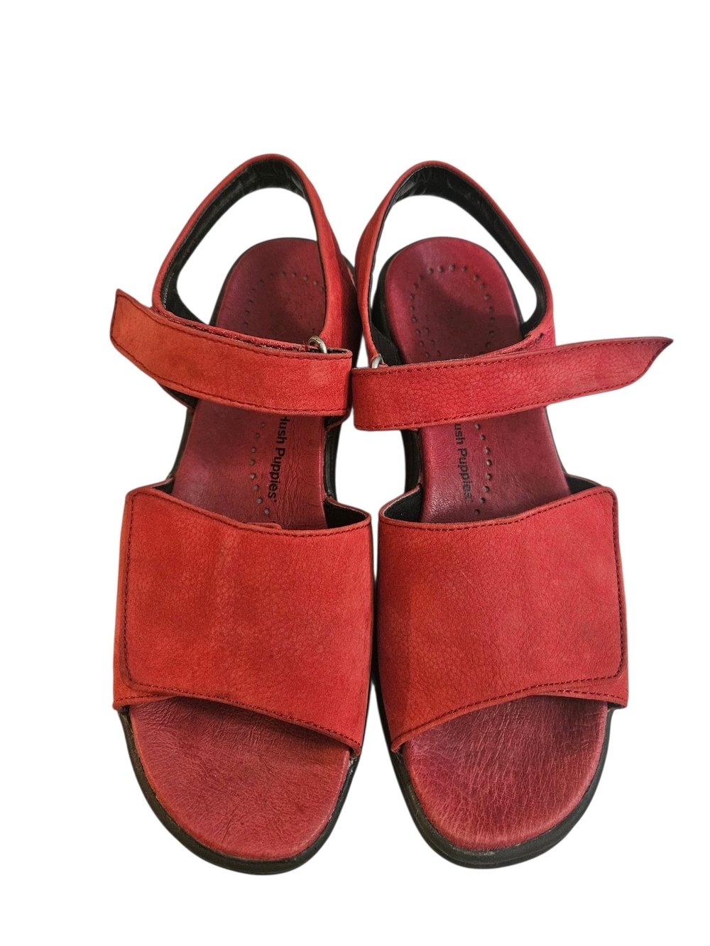 Hush Puppies Zero Red Adjustable Velcro Strap Comfort Leather Wedge Sandals Sz 9